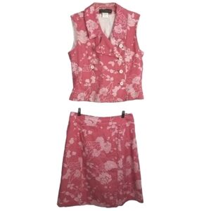 Vintage Skirt Blazer Set Sleeveless Button Collar Wrap Floral Print Red Size 12